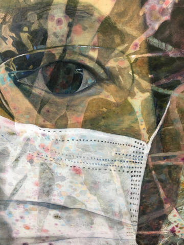 Julio Valdez - Pandemic Self Portrait (detail),2021 - ink,acrylic and oil on silk linen - 74 x 58 x 2 inches