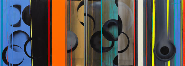 Nola Zirin - Syncopation, 2019, oil, acrylic and acrylic spray on wood panel, 24 x 66 inches