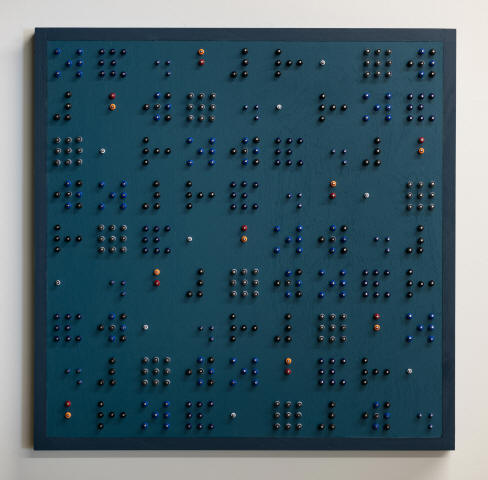 Colin Chase - #112520, 2021 - Reclaimed polychromed wood, steel, glass, wood & plastic beads - 25 1/8 x 25 1/8 x 1 1/2 inches