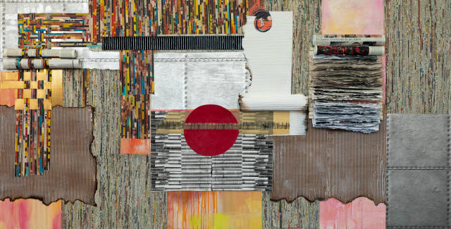 Joan Giordano - It's A New Dawn, 2021, mixed media, archival newspapers, corrugated cardboard, 40 x 78 inches